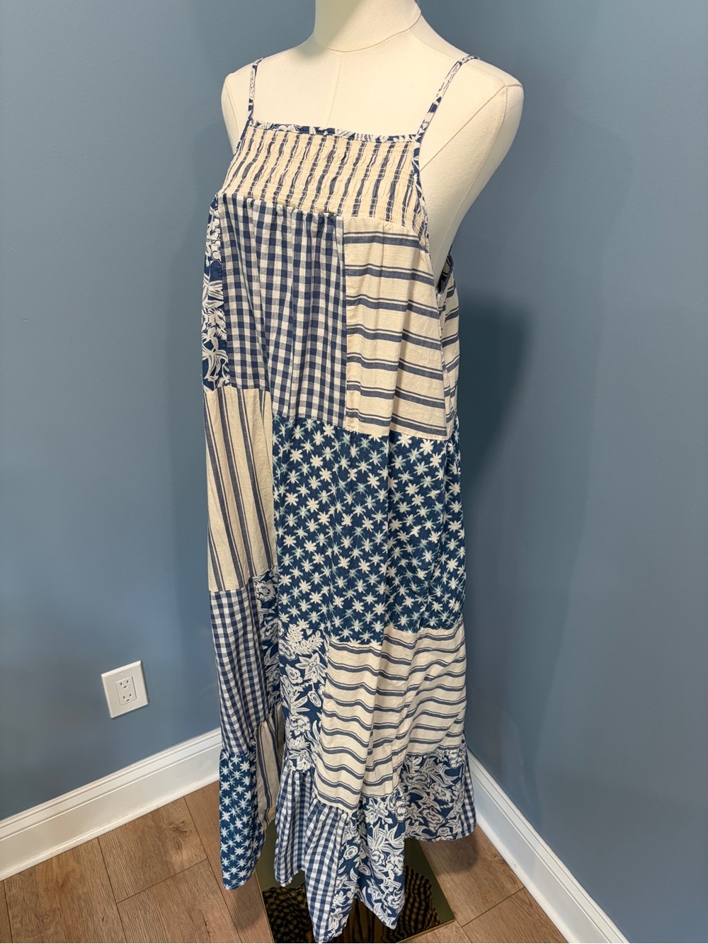 Universal Thread Patchwork Midi Dress Medium Blue White Smocked